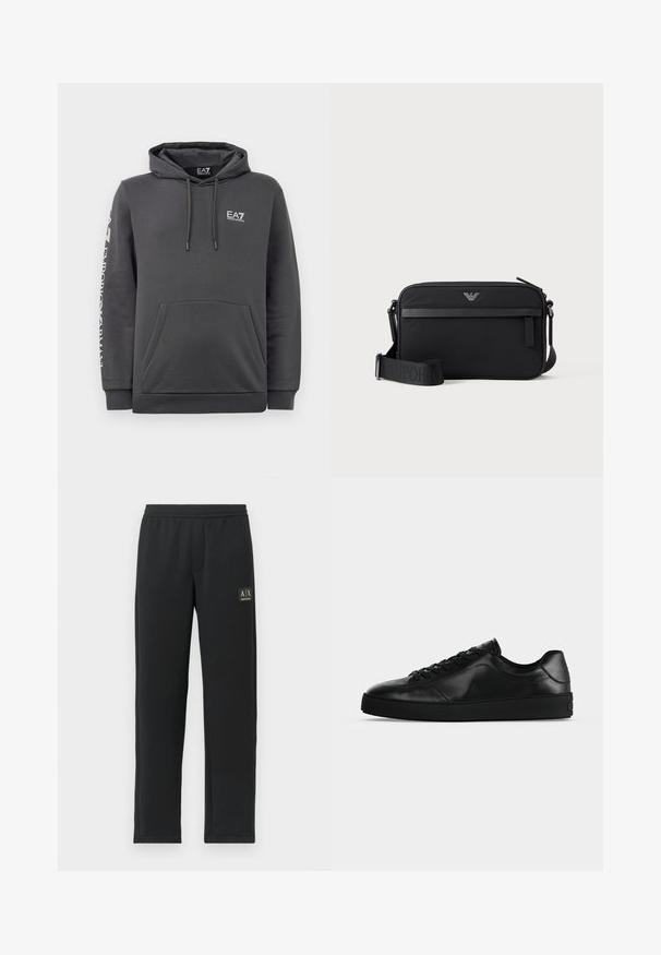 Sudadera con capucha de color gris oscuro, con bolsillo frontal, cordones y logotipos blancos de "EA7 Emporio Armani" en el pecho y en la manga izquierda.; Pantalones de chándal negros de pierna recta con cintura elástica y logotipo negro en el muslo izquierdo superior.; Zapatilla de cuero negra de perfil bajo con cordones en la parte delantera y suela plana texturizada, mostrada de lado sobre un fondo neutro.; Bolso bandolera rectangular negro con bolsillo frontal con cremallera, correa ajustable y pequeño logo metálico en el centro superior.