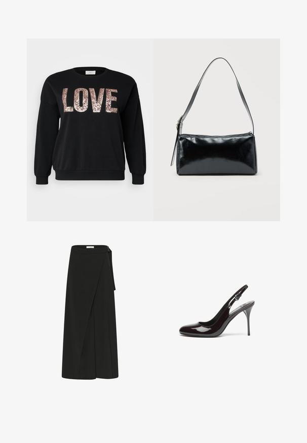 ONLY Carmakoma CARKATYA LOVE O NECK - Sweater - black; Zwarte wikkel-midi-rok met een zijknoopsluiting, rechte zoom en een gladde stofafwerking.; Bordeaux lakleren slingback hakken met een ronde neus, een smalle hoge hak en een verstelbare band. Gladde textuur met glanzende afwerking.; Zwarte rechthoekige schoudertas met een enkele verstelbare band en een bovenste ritssluiting op een effen achtergrond.
