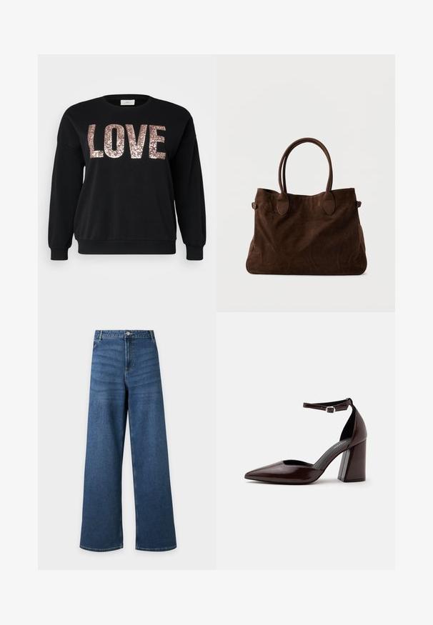 ONLY Carmakoma CARKATYA LOVE O NECK - Sweatshirt - black; Blaue Jeans mit weitem Bein, vorne mit Knopf- und Reißverschluss, vorderen Taschen und Gürtelschlaufen, flach auf hellem Hintergrund liegend dargestellt.; Dunkelbrauner Leder-Pumps mit spitzer Kappe, hohem Absatz, Knöchelriemen und silberner Schnalle auf weißem Hintergrund.; Braune Wildleder-Tote mit zwei langen Griffen, ovalen Akzenten und einem geräumigen Design. Weiche Textur und minimalistisches Erscheinungsbild.