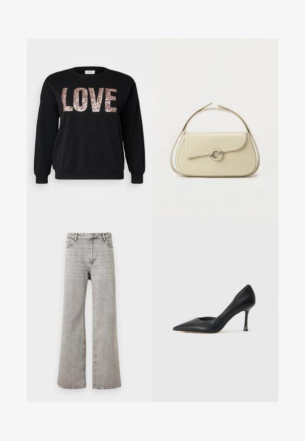 ONLY Carmakoma CARKATYA LOVE O NECK - Sudadera - black; Vaqueros gris de denim de talle alto, pierna recta, con botón frontal, cremallera y diseño de cinco bolsillos sobre fondo blanco liso.; Zapato de tacón negro de piel con punta afilada y un diseño elegante, que presenta un tacón delgado y un acento dorado en la base del tacón. Textura suave.; Bolso de mano de cuero beige con solapa curva, cierre circular plateado y asa corta superior sobre un fondo blanco liso.