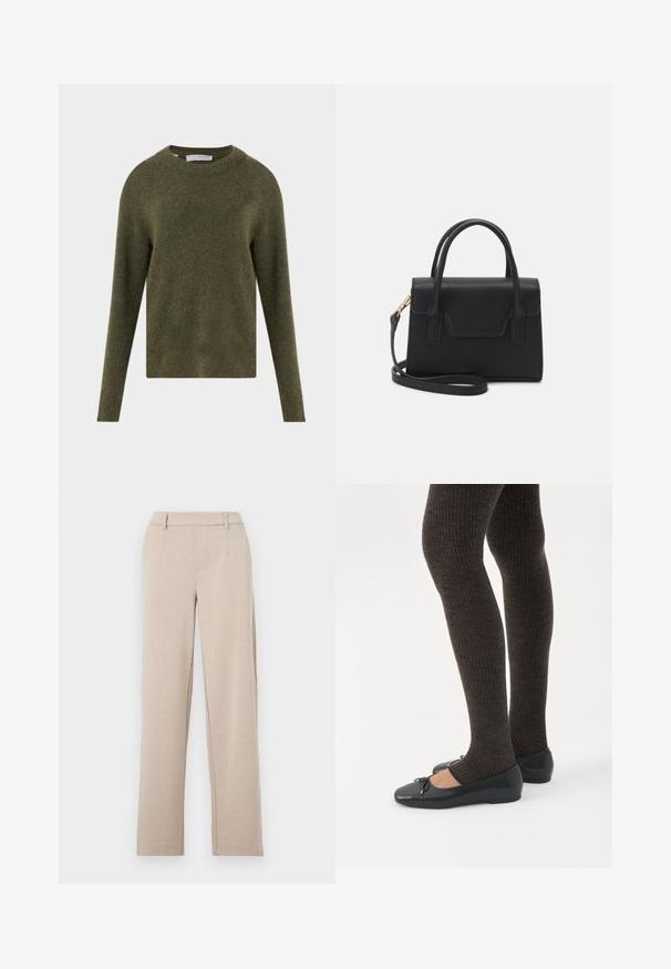 Jersey de lana de manga larga en verde oliva con cuello redondo y tejido suave texturizado, etiquetado "Selected Femme" en el interior del cuello.; Pantalones beige hechos a medida con pierna recta, textura suave, bolsillos frontales y trabillas para cinturón. Confeccionados con una tela ligera.; Piernas con leggings oscuros acanalados combinados con bailarinas negras que presentan pequeños detalles de lazo sobre un fondo blanco.; Bolso estructurado negro de cuero con un asa superior, correa de hombro desmontable y un detalle de tapa en la parte frontal. Acentos en dorado.