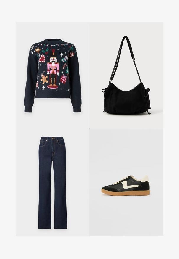 Marineblå sweater med festlige strikkemønstre, herunder en nutcracker, en pepperkagemand, sukkertootter og gaver med farverige accenter.; Mørkeblå denim jeans med lige ben, featuring en frontlukning med knap, fem lommer og kontrasterende syninger.; Sorte ruskinds- og lædersneakers med en cremefarvet side-swoosh og lys cremefarvet hæl. Har beige snørebånd og en gummirubber-sål.; Sort kordfløjls skuldertaske med en buet form, justerbar strop og snorelukninger på begge sider til størrelsejustering.
