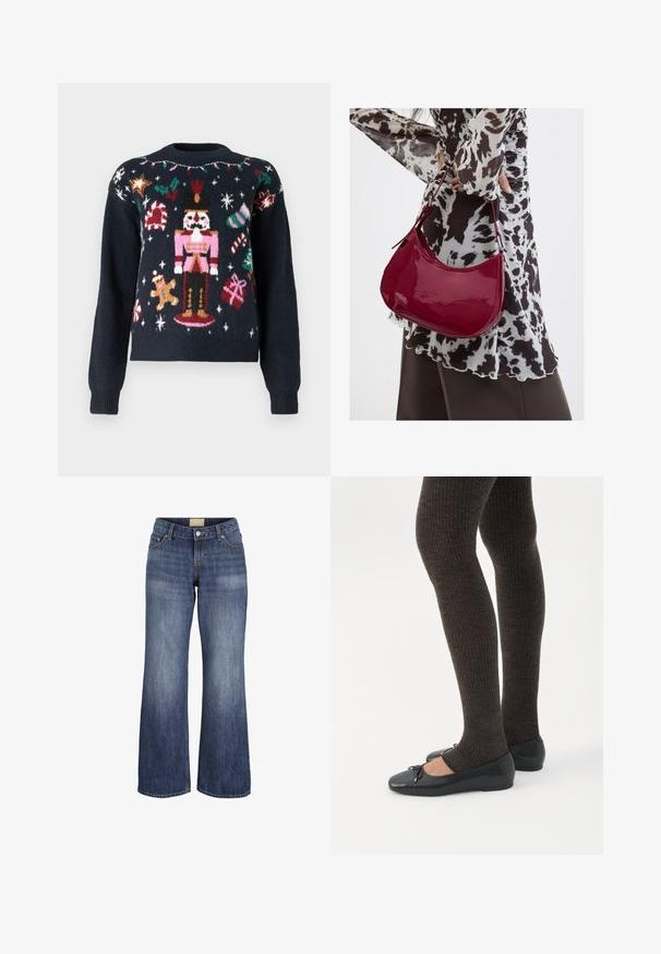 Suéter azul marino con diseños de punto festivos, que incluyen un cascanueces, un hombre de jengibre, bastones de caramelo y regalos con acentos multicolores.; Jeans vaqueros azules de pierna ancha con bolsillos delanteros, trabillas para cinturón, cierre de botón y detalles de lavado desvanecido.; Piernas con leggings oscuros acanalados combinados con bailarinas negras que presentan pequeños detalles de lazo sobre un fondo blanco.; Mujer con blusa de estampado en blanco y negro sosteniendo un bolso de hombro rojo brillante sobre un fondo liso.