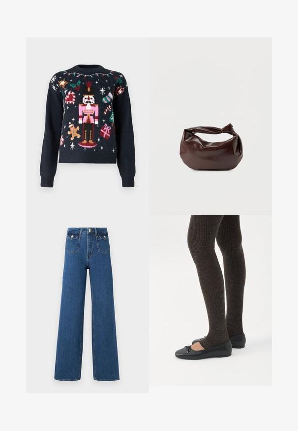 Suéter azul marino con diseños de punto festivos, que incluyen un cascanueces, un hombre de jengibre, bastones de caramelo y regalos con acentos multicolores.; Jeans de pierna ancha de mezclilla oscura. Cuenta con dos bolsillos frontales y un cierre de botón. Textura suave con costuras visibles y forma estructurada.; Piernas con leggings oscuros acanalados combinados con bailarinas negras que presentan pequeños detalles de lazo sobre un fondo blanco.; Bolso de hombro de cuero marrón oscuro con una forma suave y caída, y un asa con nudo torcido sobre un fondo blanco liso.