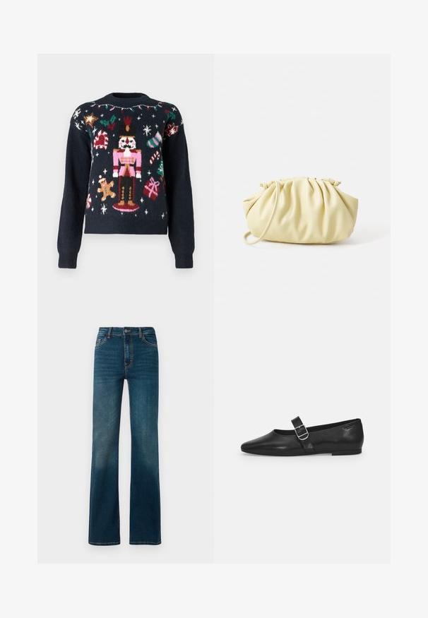 Marineblå sweater med festlige strikkemønstre, herunder en nutcracker, en pepperkagemand, sukkertootter og gaver med farverige accenter.; Mørkeblå, højtaljede jeans med lige ben. Lavet af denim, med kontrastsyninger og et klassisk fem-lomme design.; Sorte læder flade sko med rund tå, et enkelt justerbart spænde og en glat, blank overflade. Minimalistisk design med en lav hæl.; Gul plisseret håndtaske lavet af glat kunstlæder, med en blød form, en enkelt skulderrem og samlet topdesign.