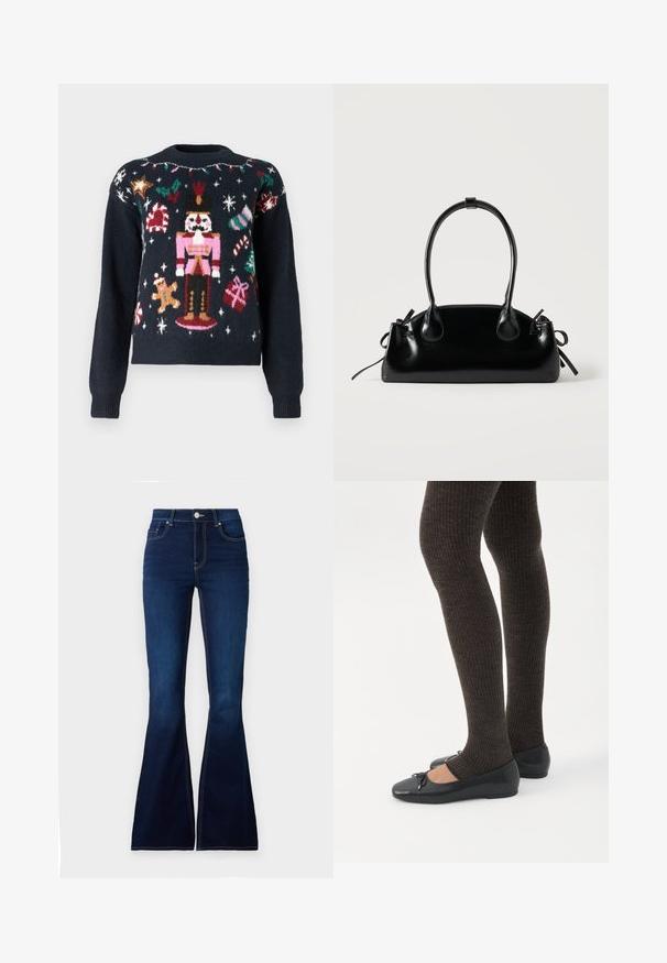 Marineblå sweater med festlige strikkemønstre, herunder en nutcracker, en pepperkagemand, sukkertootter og gaver med farverige accenter.; Mørkeblå bredde jeans med høj talje, lavet af denim. Har kontrast stikninger og en frontlukning med knap. Glat tekstur.; Ben iført mørke ribbede leggings kombineret med sorte balletsko med små sløjfedetaljer på hvid baggrund.; Lille sort blank håndtaske med to lange håndtag og snøre-detaljer i siden på en ensfarvet lys baggrund.