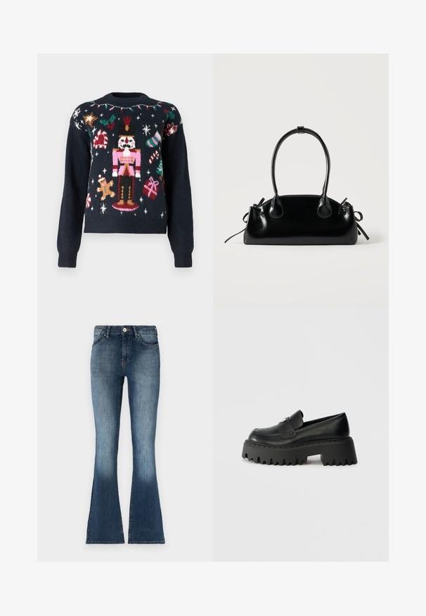 Pull bleu marine présentant des motifs tricotés festifs, y compris un casse-noix, un bonhomme en pain d'épice, des cannes en sucre d'orge et des cadeaux avec des accents multicolores.; Jean flare en denim bleu avec une taille mi-haute, finition délavée et design traditionnel à cinq poches. Texture douce et détails de coutures subtils.; Mocassin en cuir noir avec une semelle en caoutchouc épaisse et chunky, présentant un bord dentelé et un seul élément décoratif en métal sur le dessus.; Petit sac à main noir brillant avec deux longues anses et des détails à cordon sur les côtés sur un fond clair uni.