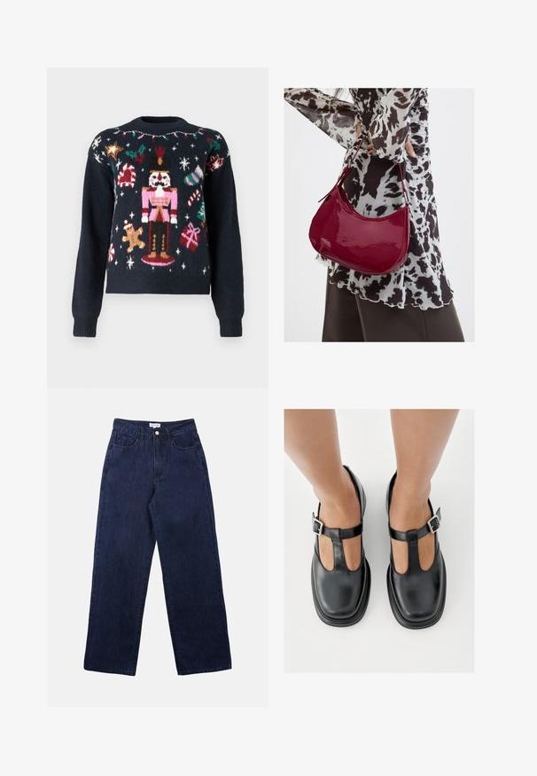 Pull bleu marine présentant des motifs tricotés festifs, y compris un casse-noix, un bonhomme en pain d'épice, des cannes en sucre d'orge et des cadeaux avec des accents multicolores.; Pantalons en denim bleu foncé avec une coupe droite, dotés d'une fermeture à bouton à l'avant, de passants de ceinture et de deux poches avant.; Chaussures en cuir noir avec un design à bride en T, bout fermé et accents de boucles argentées. Texture lisse avec un bout arrondi et une semelle plate.; Femme portant un chemisier à motif noir et blanc tenant un sac à main rouge brillant sur un fond uni.
