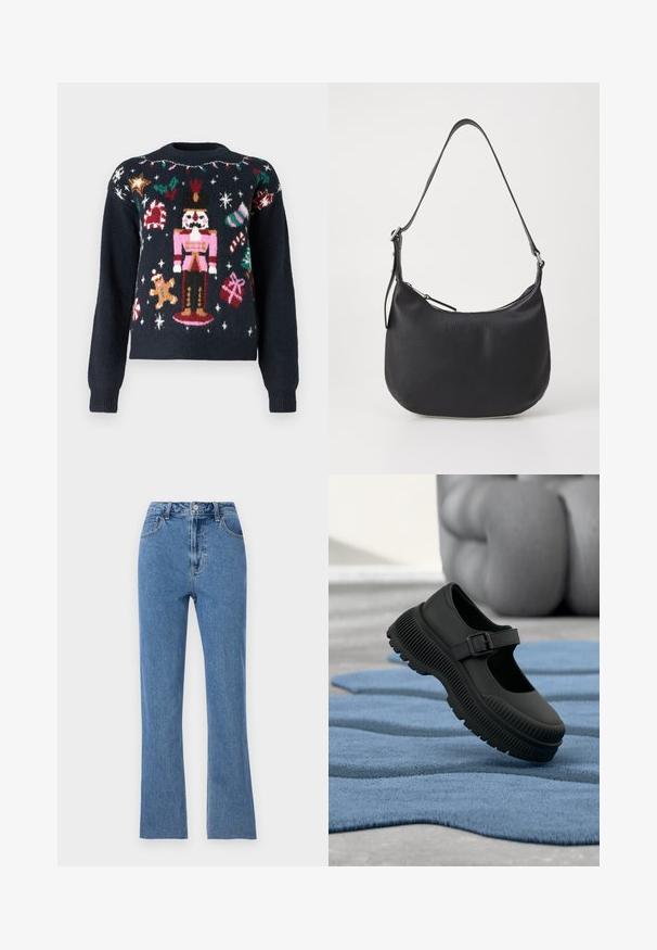 Marineblå sweater med festlige strikkemønstre, herunder en nutcracker, en pepperkagemand, sukkertootter og gaver med farverige accenter.; Slim fit blå jeans lavet af denim, med høj talje, flare ben og subtile syninger detaljer. Klassisk fem-lomme design.; Sort Mary Jane-stil sko med tyk ribbet sål og spænde, hvilende på tekstureret blåt tæppe med sløret baggrund.; Sort læder skuldertaske med en buet form, lynlåslukning og justerbar skulderrem. Har prægede brandlogoer på forsiden.
