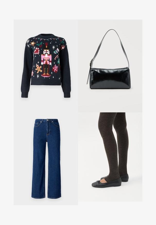 Σκούρο μπλε πουλόβερ με εορταστικά σχέδια πλέξης, που περιλαμβάνουν έναν καμπούρη, έναν ανθρωπάκο από μπισκότο, ραβδάκια καραμέλας και δώρα με πολύχρωμες λεπτομέρειες.; Φαρδιά τζιν παντελόνια σε σκούρο μπλε, με κλασικό πεντάτσεπο σχέδιο, διακριτή ραφή και μεταλλικό κούμπωμα στη μέση.; Πόδια με σκουρόχρωμα ριμπ κολάν συνδυασμένα με μαύρα μπαλαρίνα παπούτσια με μικρές λεπτομέρειες φιόγκων σε λευκό φόντο.; Μαύρη ορθογώνια τσάντα ώμου με έναν ρυθμιζόμενο ιμάντα και κλείσιμο με φερμουάρ στην κορυφή σε μονόχρωμο φόντο.