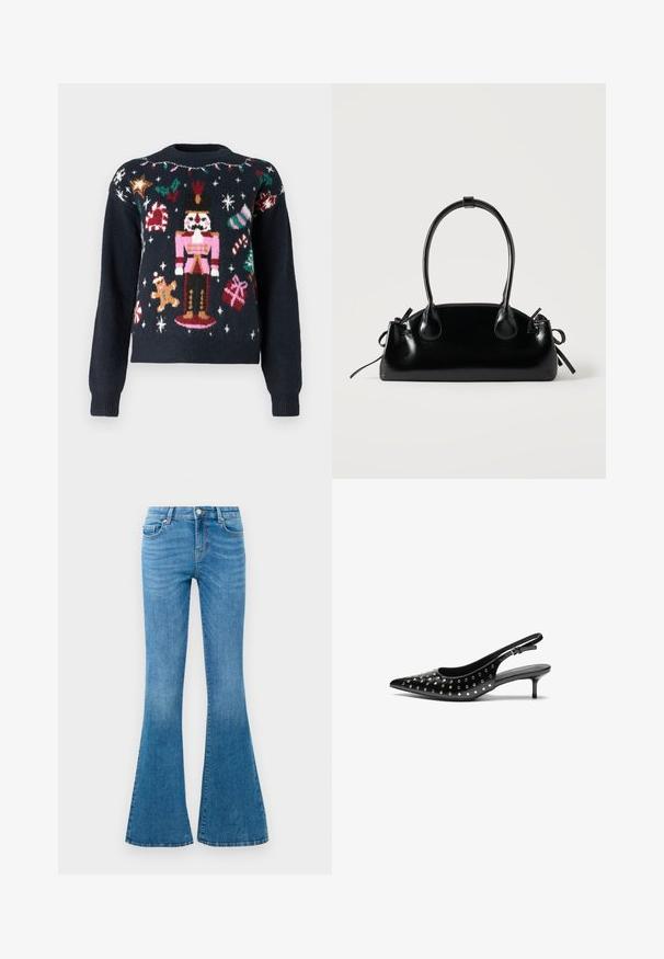 Marineblå sweater med festlige strikkemønstre, herunder en nutcracker, en pepperkagemand, sukkertootter og gaver med farverige accenter.; Blå denim flared jeans med mellemhøj talje, der har fem lommer, en standard knaplukning og let falmning for struktur.; Sorte læderslingback hæle med spids tå og lille hæl. Dekoreret med metalliske nitter langs overdelen for ekstra tekstur.; Lille sort blank håndtaske med to lange håndtag og snøre-detaljer i siden på en ensfarvet lys baggrund.