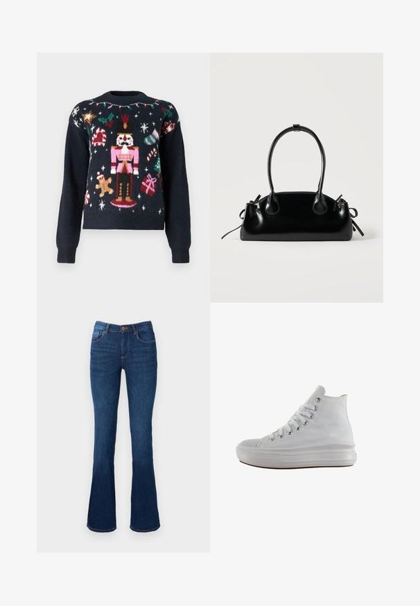 Pull bleu marine présentant des motifs tricotés festifs, y compris un casse-noix, un bonhomme en pain d'épice, des cannes en sucre d'orge et des cadeaux avec des accents multicolores.; Jean en denim bleu évasé avec une taille mi-haute, présentant des poches avant et arrière, des coutures orange et une fermeture à bouton.; Baskets montantes en toile blanche avec lacets blancs, œillets métalliques, semelle épaisse en caoutchouc et bout texturé, orientées vers la gauche sur fond blanc.; Petit sac à main noir brillant avec deux longues anses et des détails à cordon sur les côtés sur un fond clair uni.
