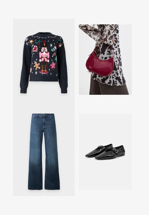 Pull bleu marine présentant des motifs tricotés festifs, y compris un casse-noix, un bonhomme en pain d'épice, des cannes en sucre d'orge et des cadeaux avec des accents multicolores.; Jeans larges bleu foncé en denim, dotés d'une taille haute, d'un design à cinq poches et d'un léger délavage à l'ourlet. Fermeture classique par bouton.; Paire de chaussures plates en cuir verni noir à bouts pointus avec une bride à boucle sur le dessus, montrée sur un fond clair uni.; Femme portant un chemisier à motif noir et blanc tenant un sac à main rouge brillant sur un fond uni.