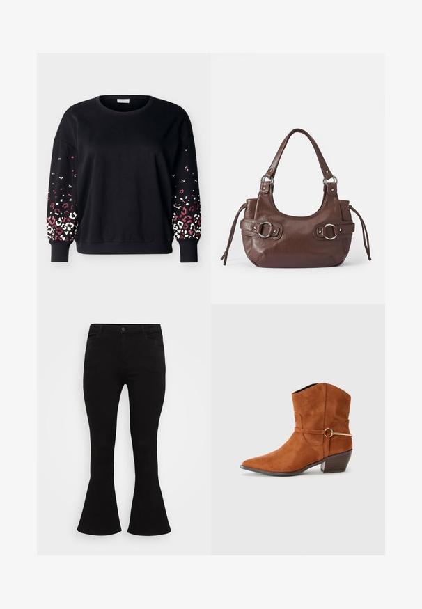 Sort langærmet sweatshirt med rund hals og ribbede manchetter, med lyserødt og hvidt leopardmønster på de nederste ærmer.; Sorte flarejeans med en figursyet talje, standard fem-lommet design og en glat denimtekstur med en subtil stræk.; Brune ruskind ankelstøvler med spids tå, mellem blokhæl og en dekorativ rem med guldfarvet hardware. Tekstureret finish gennem hele støvlen.; Brun læderhåndtaske med rund form, sølvhardware, to sideskuldre og en glat tekstur. Har en enkelt toppen håndtag.
