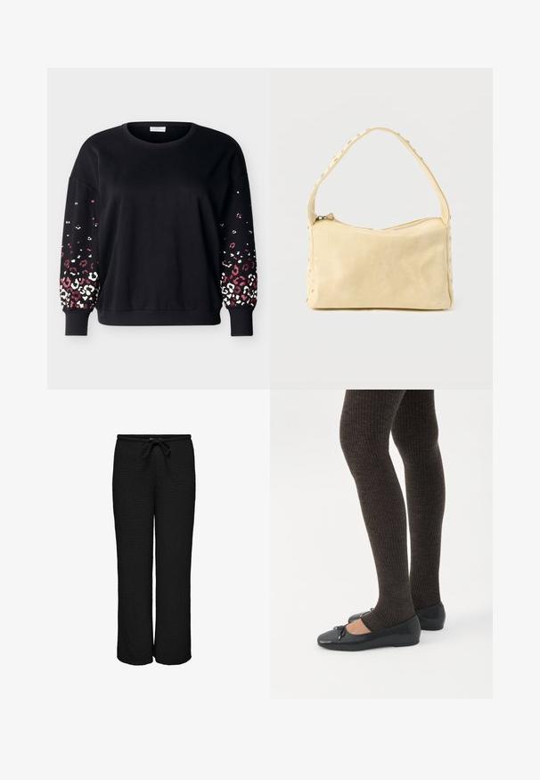 Sort langærmet sweatshirt med rund hals og ribbede manchetter, med lyserødt og hvidt leopardmønster på de nederste ærmer.; Sorte vidde bukser i tekstureret stof med elastisk talje og justerbar snøre foran.; Ben iført mørke ribbede leggings kombineret med sorte balletsko med små sløjfedetaljer på hvid baggrund.; Lille beige læderhåndtaske med en enkelt rem og sølvnitter langs kanterne og remmen, sat mod en ensfarvet baggrund.