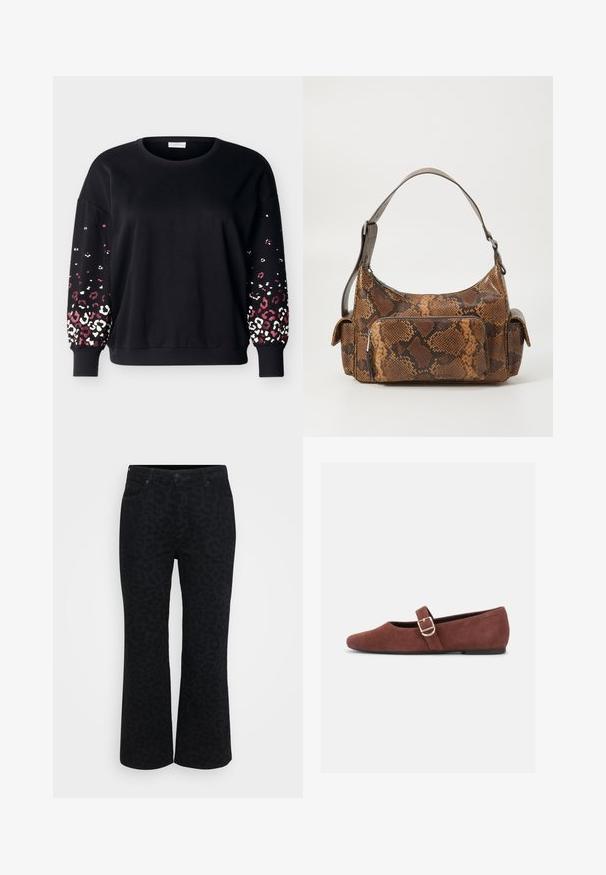 Sort langærmet sweatshirt med rund hals og ribbede manchetter, med lyserødt og hvidt leopardmønster på de nederste ærmer.; Sorte leopardmønstrede flared jeans med fem lommer, knaplukning, lynlås og tekstureret stof. Har et subtilt dyreprint.; Brun ruskind Mary Jane-flad sko med en guldspænde og sort sål på hvid baggrund.; Brun slangemønster håndtaske med en tekstureret overflade, et buet design, en enkelt skulderrem og en frontlynlås-lomme.