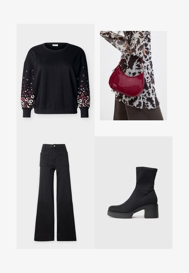 Sort langærmet sweatshirt med rund hals og ribbede manchetter, med lyserødt og hvidt leopardmønster på de nederste ærmer.; Sorte bukser med høj talje og vide ben med frontlommer med lap og knaplukning, lagt fladt på en ensartet lys baggrund.; Sorte ankelstøvler med en strækbar overdel, rund tå og en kraftig kvadratisk hæl. Glat tekstur med synlige syninger.; Kvinde iført en sort- og hvidmønstret bluse, der holder en blank rød skuldertaske mod en ensfarvet baggrund.
