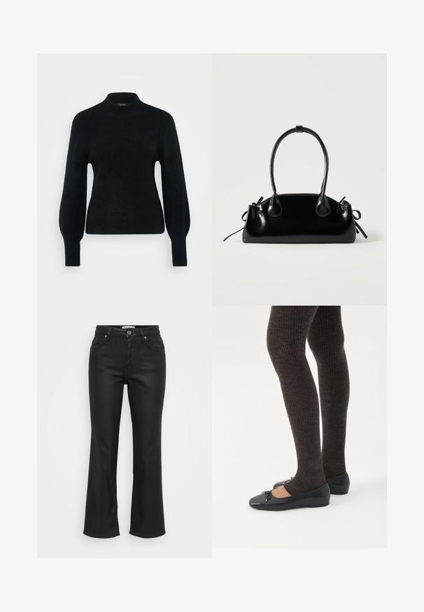 Vero Moda Petite VMPIPPA HIGHNECK - Pullover - black; Jean noir évasé en denim, avec une fermeture à bouton à l'avant, cinq poches et une texture lisse, légèrement brillante.; Jambes portant des leggings côtelés foncés associés à des ballerines noires avec de petits détails en nœud sur fond blanc.; Petit sac à main noir brillant avec deux longues anses et des détails à cordon sur les côtés sur un fond clair uni.