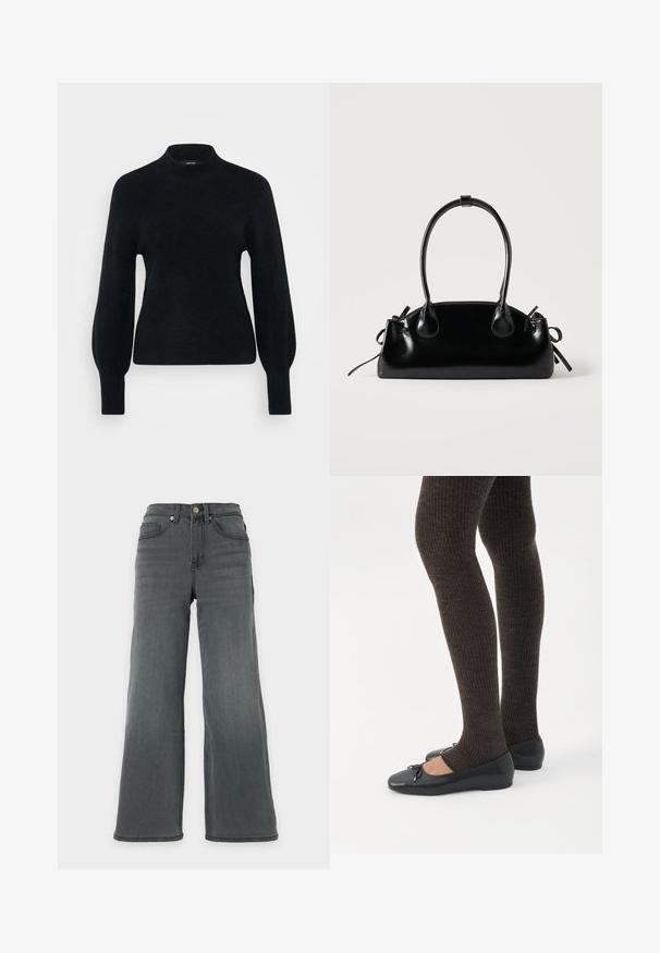 Vero Moda Petite VMPIPPA HIGHNECK - Πουλόβερ - black; Τζιν παντελόνι σε σκούρο γκρι τζιν ύφασμα, με ψηλή μέση, φαρδιά πόδια, εμπρόσθιες τσέπες και κούμπωμα με κουμπί σε ουδέτερο φόντο.; Πόδια με σκουρόχρωμα ριμπ κολάν συνδυασμένα με μαύρα μπαλαρίνα παπούτσια με μικρές λεπτομέρειες φιόγκων σε λευκό φόντο.; Μικρή μαύρη γυαλιστερή τσάντα με δύο μακριές λαβές και λεπτομέρειες με ρυθμιζόμενο κορδόνι στο πλάι σε απλό ανοιχτό φόντο.