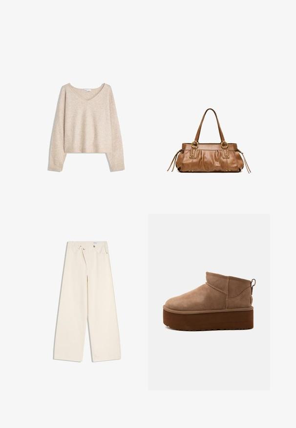 Beige zachte gebreide V-hals trui met lange mouwen en geribbelde manchetten en zoom, weergegeven op een witte achtergrond.; Off-white wijde broek met steekzakken aan de voorkant, lussen voor een riem en zilveren knopen op de tailleband en de randen van de zakken.; Halve hoogte bruine suède instapschoen met dikke plateauzool en een trek-lus aan de achterkant tegen een lichte achtergrond.; Bruine leren handtas met dubbele handvatten, gouden beslag en zijflosjes, getoond op een witte achtergrond.