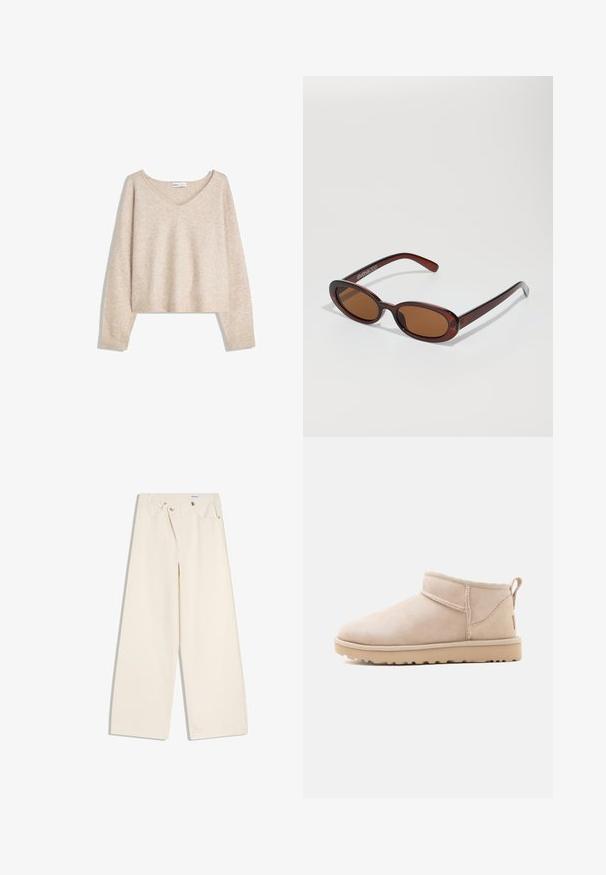Beige blød strikket V-hals trøje med lange ærmer og ribbede manchetter og kant, vist på en hvid baggrund.; Off-white bukser med vidde i benene, foranlommer, bærestropper og sølvknapper på linningen og lommekanter.; Beige ruskind ankelstøvle med flad sål, synlige sømme og en trækkehank bagpå mod en ensfarvet hvid baggrund.; Runde, bruntonede solbriller med en glansfuld bordeauxramme. Slanke arme med diskret brandingdetalje. Flad linsedesign.