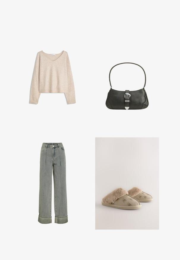 Beige zachte gebreide V-hals trui met lange mouwen en geribbelde manchetten en zoom, weergegeven op een witte achtergrond.; Grijze rechtbenige jeans met opgerolde pijpen, voorzakken en een knoopsluiting in de taille.; Beige slippers met een faux fur boord, met een zachte buitenkant, geperste dierenpatronen en een laag profiel rubberen zool.; Kleine zwarte leren handtas met afgeronde hoeken, een voorste gespsluiting en een enkele bovenste handgreep.