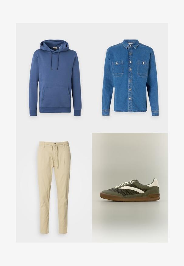 Blå bomulds-hættetrøje med snøre i hætten, kangurlomme foran og ribstrikkede ærmegab. Glat tekstur med enkelt, ensfarvet design.; Denim Project DPMDPLOOSE OVERSIZED DENIM SHIRT - Skjorter - mid blue washed; Beige, slim-fit bukser lavet af en bomuldsblanding. Elastisk talje med snøre, to frontfold og lige ben.; Lavprofil sneaker med olivengrønt mesh og ruskind, hvide læderdetaljer, hvide snørebånd og en brun gummisål, vist i sideprofil.
