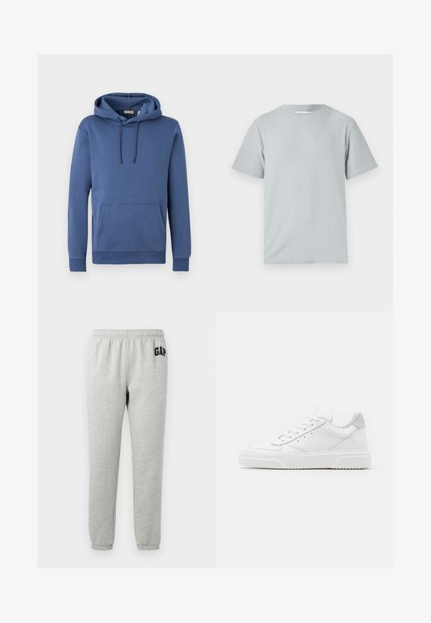 Sudadera con capucha azul de algodón con capucha ajustable, bolsillo canguro frontal y puños acanalados. Textura suave con un diseño sencillo y de color sólido.; Camiseta de manga corta gris claro hecha de una tela suave y lisa, con cuello redondo y un ajuste relajado, sin patrones ni herrajes visibles.; Pantalones de chándal grises con cinturilla elástica, tobillos acampanados y un logo de "GAP" en navy en el muslo superior izquierdo. Tejido suave de mezcla de algodón.; Zapatillas de cuero blanca con un acabado suave, punta redondeada, cordones planos y una suela texturada. Acento de ante gris en el talón.
