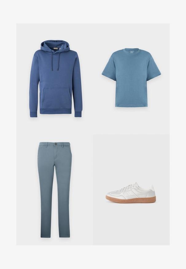 Sudadera con capucha azul de algodón con capucha ajustable, bolsillo canguro frontal y puños acanalados. Textura suave con un diseño sencillo y de color sólido.; Camiseta de manga corta azul, hecha de algodón, con cuello redondo y un corte relajado. Textura suave, diseño minimalista, sin patrones ni acentos.; Chinos azul claro hechos de una mezcla de algodón con corte ajustado, que cuentan con cierre de botón y bolsillos laterales. Textura suave sin patrones.; Zapatillas plateadas con una textura suave, diseño de cordones, acentos perforados y una suela de goma marrón texturizada.