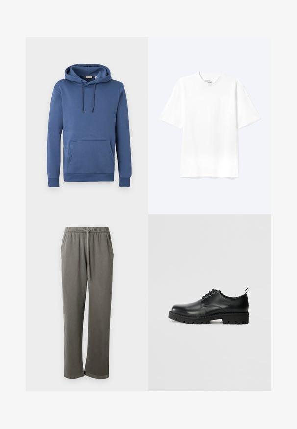 Sudadera con capucha azul de algodón con capucha ajustable, bolsillo canguro frontal y puños acanalados. Textura suave con un diseño sencillo y de color sólido.; Camiseta lisa blanca de manga corta y cuello redondo con un corte relajado, mostrada sobre un fondo claro.; Pantalones de chándal grises de algodón con cintura elástica y cordón, que cuentan con bolsillos laterales y un ajuste relajado a lo largo de las piernas.; Zapato de cuero negro con punta redonda, que presenta un diseño de cordones, suela negra de goma resistente y una pequeña lengüeta en el talón.