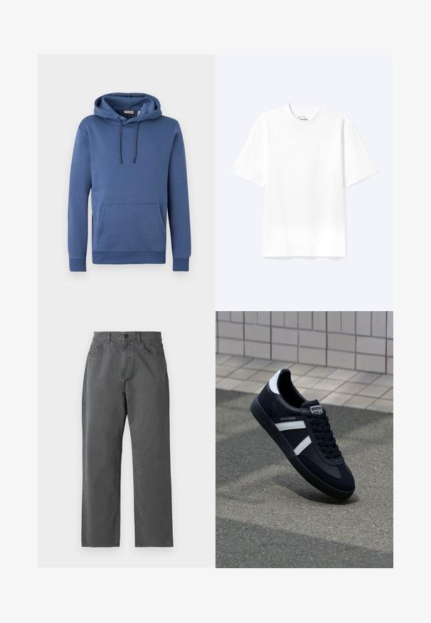 Blauwe katoenen hoodie met een capuchon met trekkoord, een grote voorzak en geribbelde boorden. Soepele textuur met een eenvoudig, effen kleurenontwerp.; Effen witte T-shirt met korte mouwen en ronde hals, met een losse pasvorm, weergegeven op een lichte achtergrond.; Rechte donkergrijze broek met voorzakken, knoopsluiting, riemlussen en ritssluiting aan de voorkant op een effen achtergrond.; Zwarte leren sneaker met witte strepen, een gestructureerde rubberen zool en vetersluiting aan de voorkant. Voorzien van een merklabel op de tong.