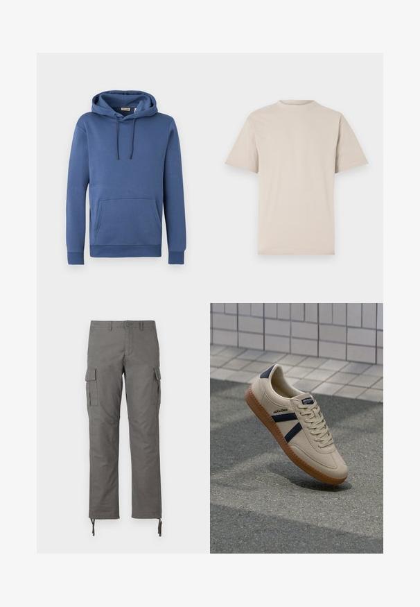 Sudadera con capucha azul de algodón con capucha ajustable, bolsillo canguro frontal y puños acanalados. Textura suave con un diseño sencillo y de color sólido.; Camiseta de manga corta beige, con cuello redondo, hecha de una suave tela de algodón, que presenta un corte relajado y sin patrones o adornos visibles.; Pantalones cargo grises con diseño de pernera recta, múltiples bolsillos laterales y cierres de cordón ajustables en los tobillos. Fabricados con tejido duradero.; Zapatilla beige con acabado texturizado, rayas azul marino y suela de goma. Presenta una lengüeta acolchada y un sistema de cordones tradicional para un ajuste seguro.