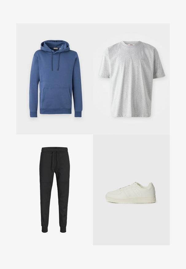Blauer Baumwoll-Hoodie mit Kordelzugkapuze, vorderer Kängurutasche und gerippten Bündchen. Glatte Textur mit einfachem, einfarbigem Design.; Graues T-Shirt mit kurzen Ärmeln aus weichem Stoff. Verfügt über einen runden Ausschnitt und ein dezentes, auf der Vorderseite gesticktes Logo.; Schwarze Slim-Fit-Jogginghosen mit elastischem Bund, verstellbarem Kordelzug, Nahtdetails am Knie und Umschlag am Beinabschluss.; Weiße Sneakers mit glattem Ledertextur, Schnürdesign, durchbrochenen Details und drei diagonalen Streifen an der Seite. Gummisohle.