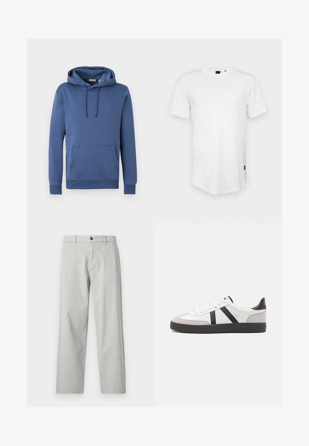 Sudadera con capucha azul de algodón con capucha ajustable, bolsillo canguro frontal y puños acanalados. Textura suave con un diseño sencillo y de color sólido.; Camiseta blanca de manga corta hecha de algodón, con un escote redondo y una parte trasera ligeramente alargada, con un pequeño logotipo en el lateral.; Pantalones rectos de color gris claro, confeccionados con una tela suave y tejida. Cierre frontal con botón y bolsillos laterales. Estilo minimalista.; Zapatilla blanca con acentos en negro y gris, que presenta una puntera texturizada en gris, suela de goma negra y cordones planos blancos. Diseño limpio, estilo minimalista.