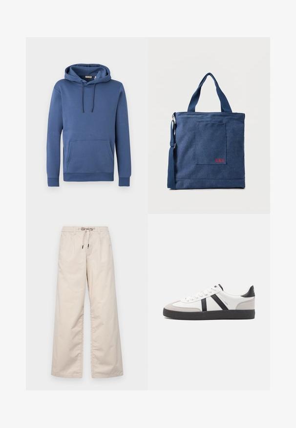 Sudadera con capucha azul de algodón con capucha ajustable, bolsillo canguro frontal y puños acanalados. Textura suave con un diseño sencillo y de color sólido.; Pantalones de pierna ancha en beige claro con cintura elástica y cordón. Tejido de algodón suave con dos pliegues frontales y sin bolsillos visibles.; Zapatilla blanca con acentos en negro y gris, que presenta una puntera texturizada en gris, suela de goma negra y cordones planos blancos. Diseño limpio, estilo minimalista.; Bolso tote de lona azul con bolsillo frontal y bordado rojo "O.N.S", con asas dobles y una correa ajustable para el hombro.