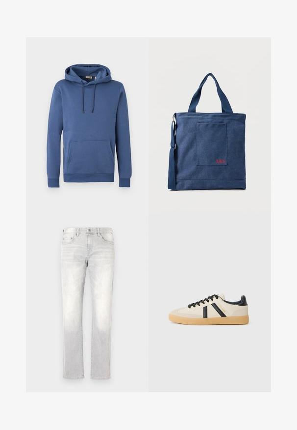 Sudadera con capucha azul de algodón con capucha ajustable, bolsillo canguro frontal y puños acanalados. Textura suave con un diseño sencillo y de color sólido.; Jeans de denim gris claro con un corte recto, un sutil desgaste, bolsillos frontales y un único bolsillo trasero. Cierre clásico con botón y cremallera.; Zapatillas casuales en crema con rayas negras, con parte superior texturizada y suela de goma. Los cordones son negros. Logo sutil en el costado.; Bolso tote de lona azul con bolsillo frontal y bordado rojo "O.N.S", con asas dobles y una correa ajustable para el hombro.