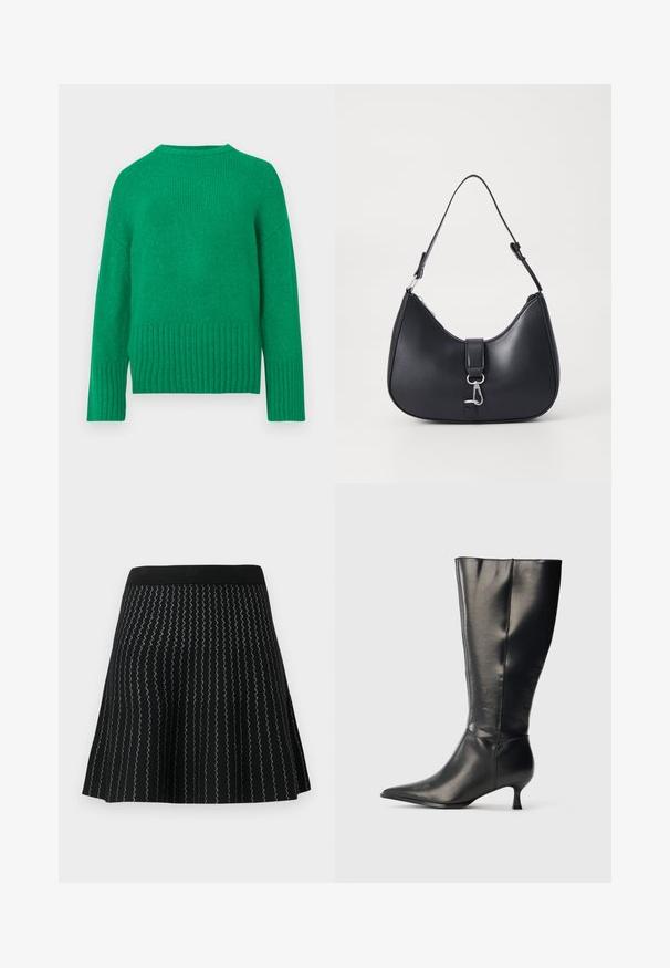 Un pull en tricot vert à manches longues, avec un col rond et un ourlet côtelé, présentant une texture douce et des coutures régulières.; Jupe noire en mailles texturées avec des rayures argentées en zigzag, conçue avec une silhouette évasée et une taille noire solide.; Botte en cuir noire montant jusqu'au genou, avec un bout pointu et un petit talon bas, présentée sur un fond clair uni.; Pieces PCLIKA SHOULDER BAG - Sac à main - black