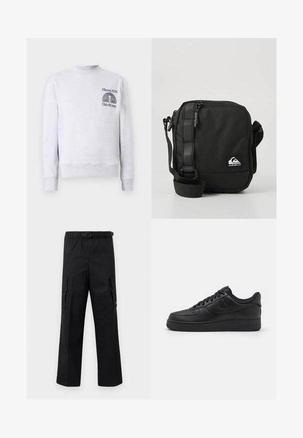 Hellgrauer Sweatshirt aus Baumwollmischung, mit Rundhalsausschnitt, gerippten Bündchen und Saum, sowie gesticktem Logo 'Ellesse 1959 Club di Corsa' auf der Brust.; Schwarze Cargo-Hosen mit weitem Schnitt, verstellbarem Bund mit Schnalle und zwei Seitentaschen zur Aufbewahrung. Leichtes Material.; Nike Sportswear AIR FORCE 1 07 FLYEASE - Sneaker low - black; Kompakte schwarze Umhängetasche mit verstellbarem Schultergurt, vorderer Reißverschlusstasche und einem kleinen weißen Quiksilver-Logopatch.