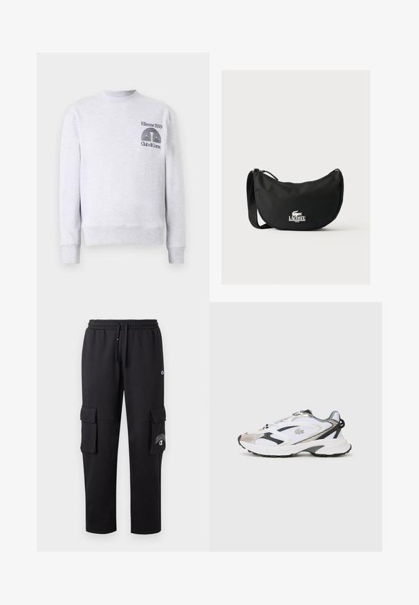 Lys grå sweatshirt i bomuldsblanding, med rund halsudskæring, ribbede mansjetter og kant, samt broderet logo 'Ellesse 1959 Club di Corsa' på brystet.; Sorte cargo bukser lavet af blødt stof, med to sidelommer, en elastisk talje og en logo detalje på venstre ben.; Hvide sportsko med sølv- og sorte detaljer, mesh-overdel, struktureret sål og et strømlinet design med et logo på siden.; Sort Lacoste skuldertaske med buet form, justerbar rem og hvidt præget krokodillelogo over mærkenavnet foran.
