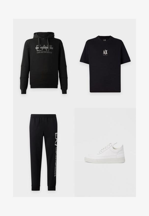 Schwarzer Kapuzenpullover mit einem auffälligen grauen Grafiklogo "EA7 Emporio Armani". Hergestellt aus weichem Stoff, mit langen Ärmeln und einer lockeren Passform.; Schwarzes T-Shirt mit kurzen Ärmeln aus Baumwolle. Mit einem kleinen weißen "A|X"-Logo auf der Brust. Schlichtes, rechteckiges Design mit normalem Rundhalsausschnitt.; Schwarze Sweatpants aus Baumwollmischung mit elastischem Taillenbund, schmal zulaufenden Beinen, gerippten Bündchen und weißem Logo-Druck entlang der Seite.; Weißer Ledersneaker mit abgerundetem Zehenbereich, flacher Sohle und Schnürverschluss. Verfügt über Nahtdetails und einen gepolsterten Kragen für zusätzlichen Komfort.