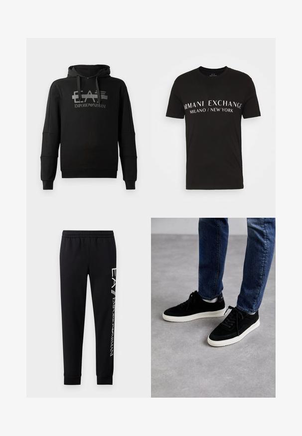 Sudadera negra con capucha que presenta un destacado logo gráfico gris "EA7 Emporio Armani". Fabricada en un tejido suave, con mangas largas y un corte holgado.; Camiseta de algodón negra con el texto "ARMANI EXCHANGE MILANO / NEW YORK" en blanco, con un clásico cuello redondo y mangas cortas.; Pantalones de chándal negros hechos de una mezcla de algodón, con una cinturilla elástica, piernas estrechas, puños acanalados y estampado de logo blanco en el lateral.; Zapatillas de ante negras con suela de goma blanca, que presentan un diseño clásico de corte bajo, puntera redondeada y cordones planos negros.