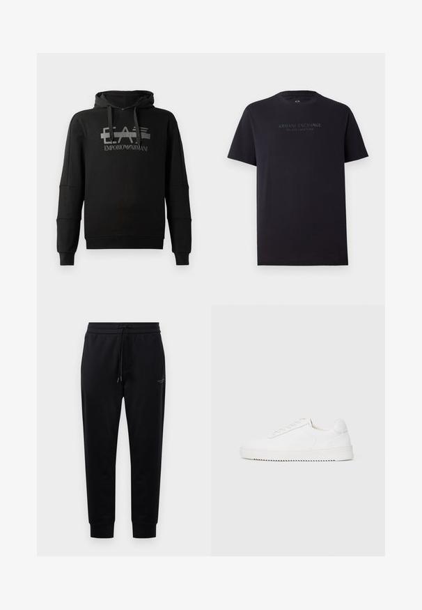 Sudadera negra con capucha que presenta un destacado logo gráfico gris "EA7 Emporio Armani". Fabricada en un tejido suave, con mangas largas y un corte holgado.; Camiseta de algodón negra de manga corta, con cuello redondo y un ajuste ligeramente relajado. Presenta "ARMANI EXCHANGE MILANO / NEW YORK" en texto gris oscuro.; Pantalones de chándal negros con cintura ajustable, bolsillos laterales y puños acanalados. Hechos de una tela suave, con un sutil detalle del logo en el muslo.; Zapatilla blanca con parte superior de cuero suave, puntera redondeada, cordones, acentos laterales texturizados y suela de goma gruesa. Diseño minimalista.