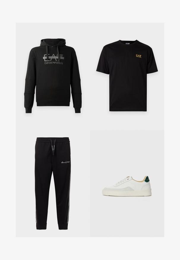 Sudadera negra con capucha que presenta un destacado logo gráfico gris "EA7 Emporio Armani". Fabricada en un tejido suave, con mangas largas y un corte holgado.; Camiseta de algodón negra de manga corta, con un pequeño logo bordado amarillo en el lado izquierdo del pecho. Diseño clásico de cuello redondo.; Pantalones deportivos negros de mezcla de algodón, con una cinturilla acanalada, rayas laterales en blanco y bordado del logo en el muslo izquierdo delantero.; Zapatilla blanca con acentos de ante, puntera redondeada, cordones planos y suela de goma color crema. Presenta un logo verde en el talón.