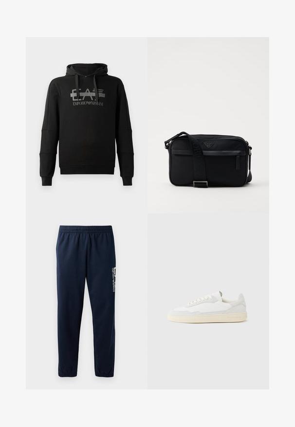 Čierna mikina s kapucňou, ktorá má výrazné šedé grafické logo "EA7 Emporio Armani". Vyrobená z mäkkého materiálu s dlhými rukávmi a voľným strihom.; Námornícky modré tepláky s elastickým pásom, zužujúcimi sa nohavicami a bielym logom na boku. Hladká látka s ľahkou textúrou.; Biela teniska s jemne štruktúrovaným zvrškom zo semišu a kože. Má zaoblenú špičku, viazanie na šnúrky a kontrastnú béžovú gumovú podrážku.; Čierna nylonová taška cez rameno so kontrastným popruhom, štýlovým obdĺžnikovým tvarom, detailom loga a zipsovou kapsou na prednej strane.