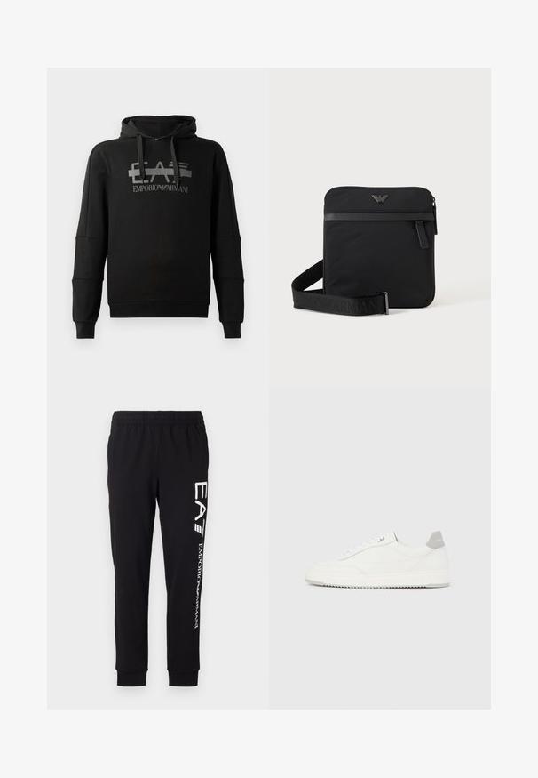 Sudadera negra con capucha que presenta un destacado logo gráfico gris "EA7 Emporio Armani". Fabricada en un tejido suave, con mangas largas y un corte holgado.; Pantalones deportivos negros hechos de tejido elástico. Cuentan con una cintura elástica, puños acampanados, y una marca blanca en la pierna izquierda.; Zapatilla blanca de corte bajo con pestaña en el talón gris, cordones blancos y suela texturizada, presentada sobre un fondo claro y liso.; Bolso de hombro negro cuadrado con cierre de cremallera, bolsillo delantero y correa ajustable con nombre de marca en relieve.
