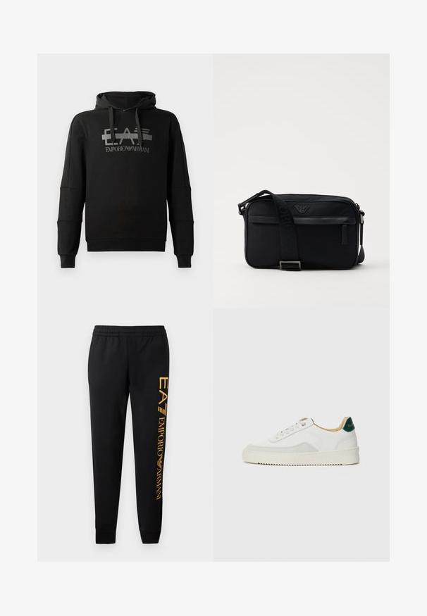 Schwarzer Kapuzenpullover mit einem auffälligen grauen Grafiklogo "EA7 Emporio Armani". Hergestellt aus weichem Stoff, mit langen Ärmeln und einer lockeren Passform.; Schwarze Jogginghose mit elastischem Bund und gerippten Säumen. Mit einem vertikalen goldenen Logodruck auf dem linken Bein. Aus weichem Stoff gefertigt.; Weiße Sneaker mit Wildlederelementen, runder Zehenpartie, flachen Schnürsenkeln und einer cremefarbenen Gummisohle. Mit grünen Markenlogo am Fersenbereich.; Schwarze Nylon-Schultertasche mit einem kontrastierenden Riemen, schlanker rechteckiger Form, Logo-Detail und einer Reißverschlusstasche auf der Vorderseite.