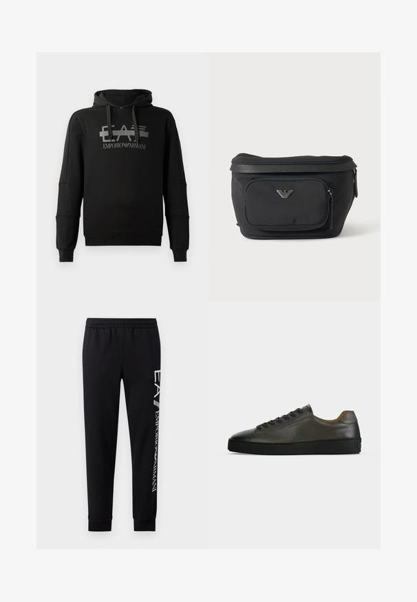 Schwarzer Kapuzenpullover mit einem auffälligen grauen Grafiklogo "EA7 Emporio Armani". Hergestellt aus weichem Stoff, mit langen Ärmeln und einer lockeren Passform.; Schwarze Sweatpants aus Baumwollmischung mit elastischem Taillenbund, schmal zulaufenden Beinen, gerippten Bündchen und weißem Logo-Druck entlang der Seite.; Niedriger dunkelgrauer Ledersneaker mit schwarzen Schnürsenkeln und Sohle, minimalistisches Design, Seitenprofil vor einem schlichten hellen Hintergrund.; Schwarze Bauchtasche mit Frontreißverschlusstasche und silbernem Adlerlogo, glattes Gewebe mit strukturiertem Besatz und Reißverschlussanhängern.