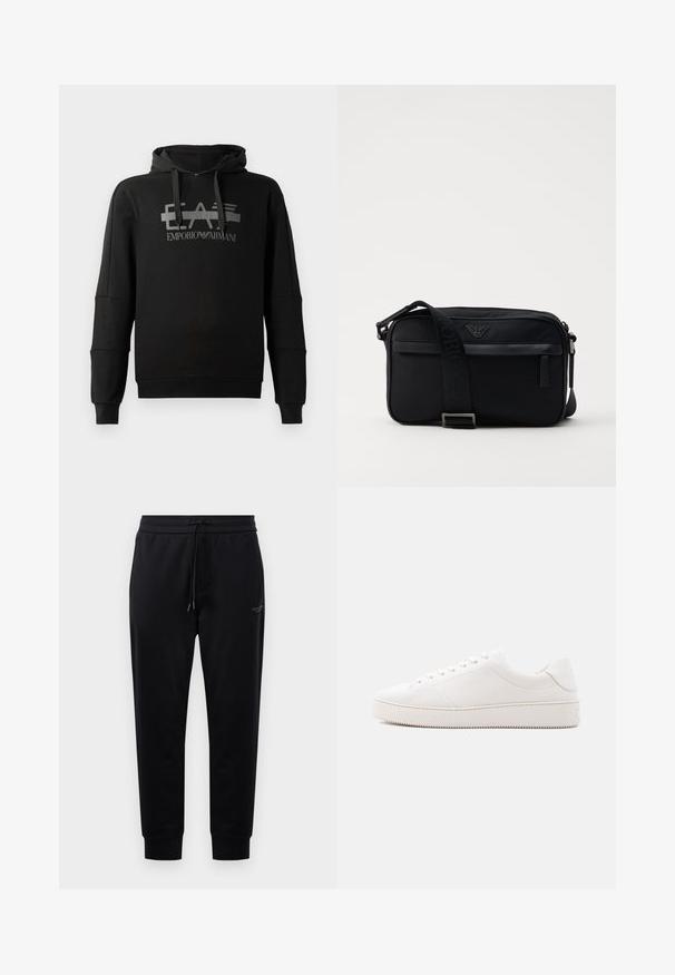 Mustmust, millel on silmatorkav hall graafiklogo "EA7 Emporio Armani". Valmistatud pehmest kangast, pikkade varrukatega ja mugava lõikega.; Mustad mustrid püksid, millel on reguleeritav vöökoht, küljetaskud ja soonikkoes mansetid. Valmistatud pehmest kangast, millel on reie peal peene logo detail.; Valge nahast toss, sileda viimistlusega, ümmarguse ninaga, kuue auguga paelalöökidega ja tekstuurse kummist tallaga. Minimalistlik disain ilma mustriteta.; Musta nailonist õlakott kontrastse rihmaga, stiilne ristkülikukujuline kuju, logo detail ja esipoolse lukuga tasku.