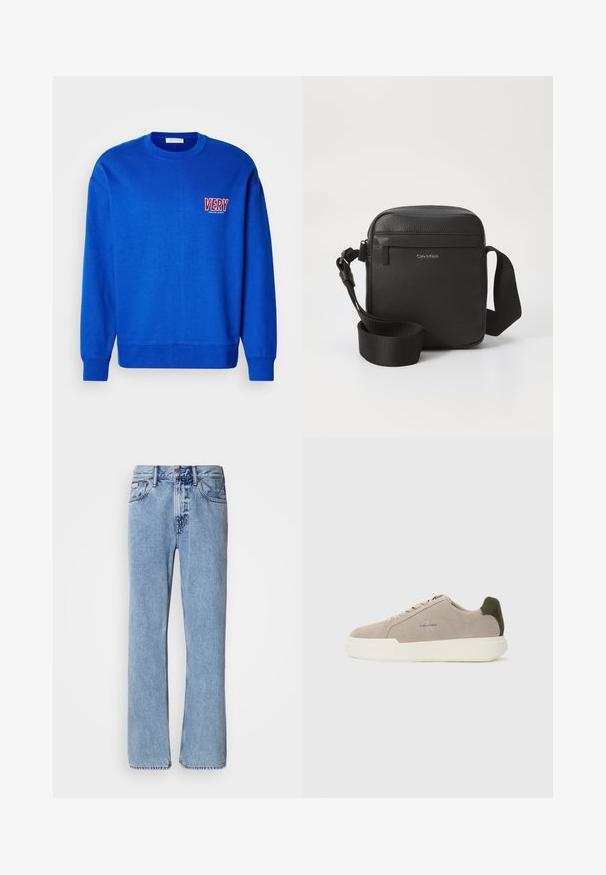 Blauwe sweatshirt met ronde hals, lange mouwen en geribbelde manchetten. Heeft "VERY" geborduurd in rood en wit op de linkerborst. Zachte textuur.; Lichtblauwe denim jeans met een recht ontwerp, vijf zakken en een knoopsluiting. Stikdetails nabij de zakken en de tailleband.; Beige suède sneakers met een witte rubberen zool, voorzien van een donkergroene hielaccent en subtiele branding aan de zijkant.; Zwarte leren schoudertas met een gestructureerde afwerking, met een voorste ritszak en een verstelbare stoffen schouderband. Merklogo zichtbaar.