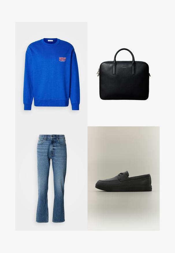 Blauwe sweatshirt met ronde hals, lange mouwen en geribbelde manchetten. Heeft "VERY" geborduurd in rood en wit op de linkerborst. Zachte textuur.; Lichtblauwe denim jeans met een rechte snit en een lichte flare. Beschikt over vijf zakken, een knoopsluiting en subtiele wassingdetails.; Zwarte casual leren loafer met veters en dikke rubberen zool, zijaanzicht op een neutrale achtergrond.; Zwarte gestructureerde leren aktetas met dubbele handvatten en zilveren ritstrekkers, gecentreerd op een witte achtergrond.
